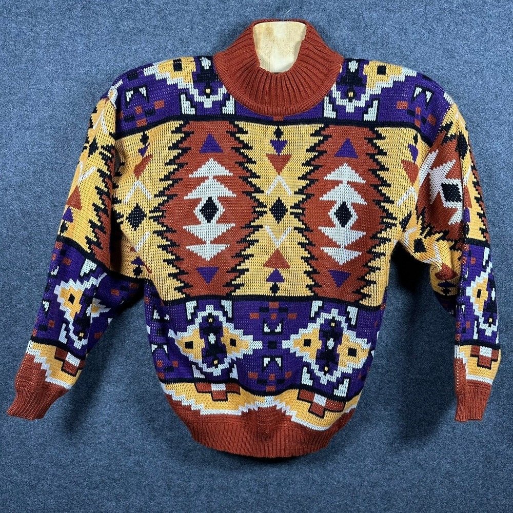 MC II Vintage Large Southwestern Knit Sweater Rust Gold Purple‎